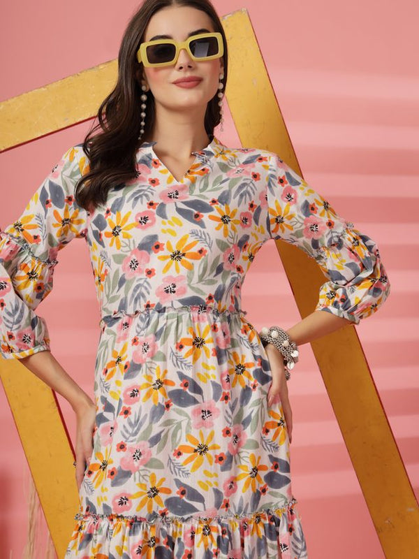 Largish Off White Cotton Floral Print Tiered and Flared A-line Dress