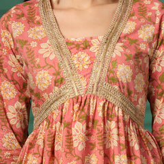 Largish Women's Peach Floral Print Cotton Naira Cut Kurta