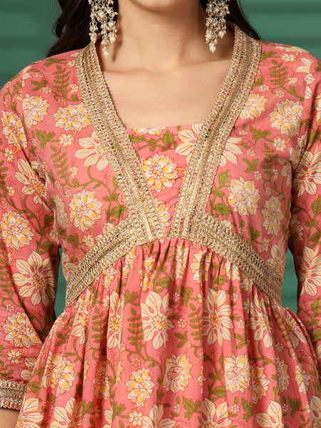 Largish Women's Peach Floral Print Cotton Naira Cut Kurta