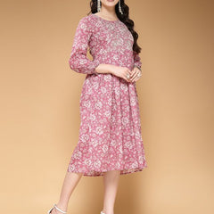 Largish Cotton Pink Floral Foil Print, Embroidered Dress