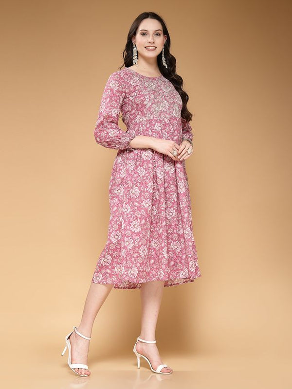Largish Cotton Pink Floral Foil Print, Embroidered Dress