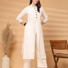 Largish Elegant Off-White Cotton Long Kurti with Front Button Detailing With palazzo pant Co'ord Set