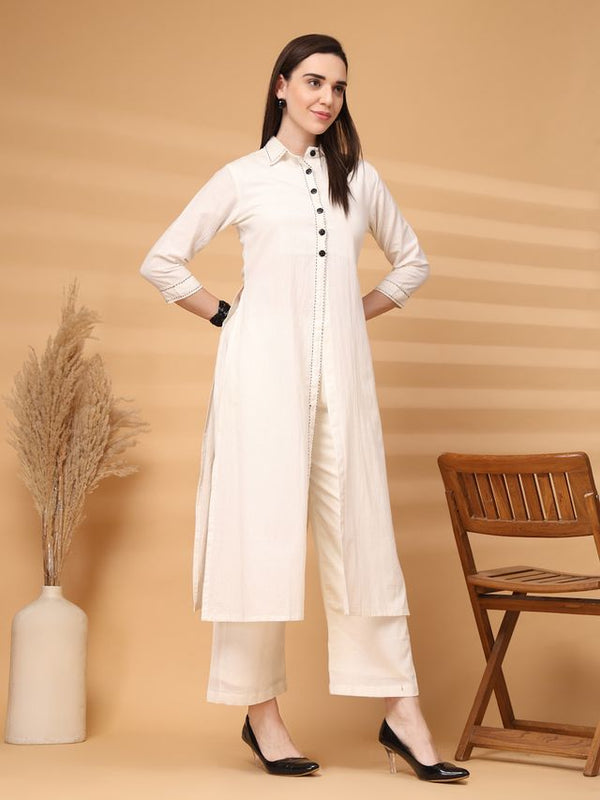 Largish Elegant Off-White Cotton Long Kurti with Front Button Detailing With palazzo pant Co'ord Set