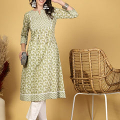Largish Women's Light Green Floral Print Cotton A-Line Kurta