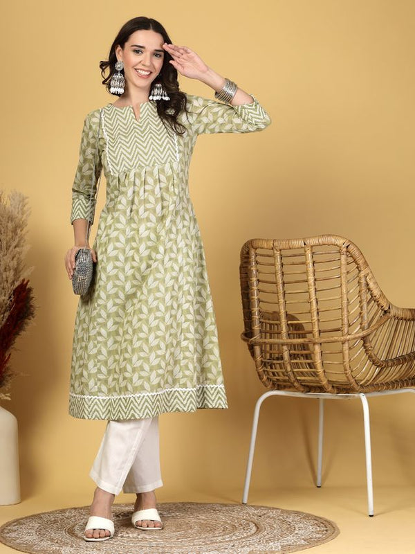 Largish Women's Light Green Floral Print Cotton A-Line Kurta