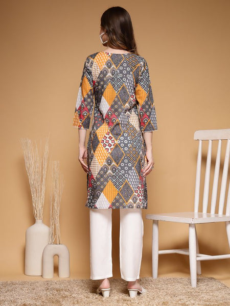 Largish Women's Multicolor Jaipuri Print Cotton Straight Kurta