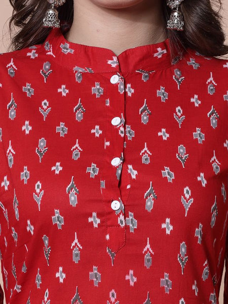 Largish Women's Red Cotton Printed Pathani Kurta