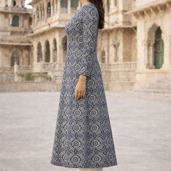 Largish Cotton Navy Blue Floral Printed Anarkali Kurta with White Contrast Piping
