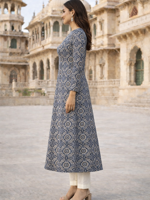 Largish Cotton Navy Blue Floral Printed Anarkali Kurta with White Contrast Piping