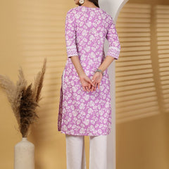 Largish Lavender Blossom Printed Cotton Kurta with Chevron Yoke