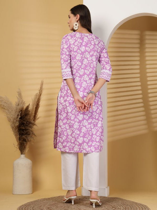 Largish Lavender Blossom Printed Cotton Kurta with Chevron Yoke