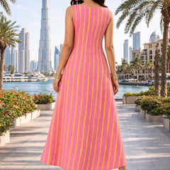 Largish Stylish women’s Peach and Yellow striped A-line Premium Cotton dress