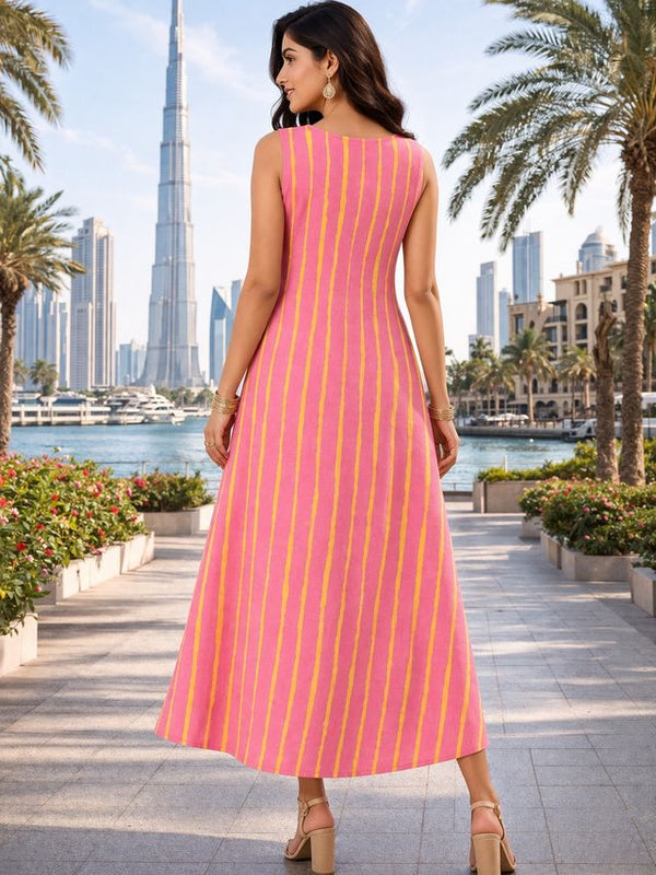 Largish Stylish women’s Peach and Yellow striped A-line Premium Cotton dress