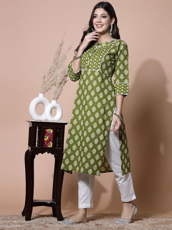 Largish Green Floral Print Straight Kurta
