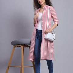 Largish Cotton Pink Self Design Calf Length, A-Line Shrug