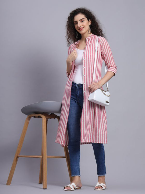 Largish Cotton Pink Self Design Calf Length, A-Line Shrug