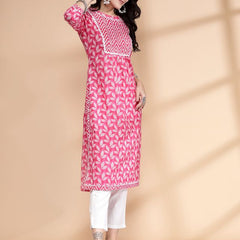 Largish Women's Pink Cotton Printed Nayra Cut Straight Kurta