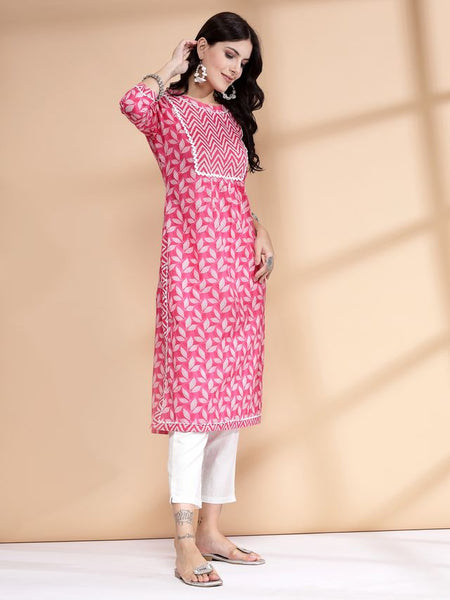 Largish Women's Pink Cotton Printed Nayra Cut Straight Kurta