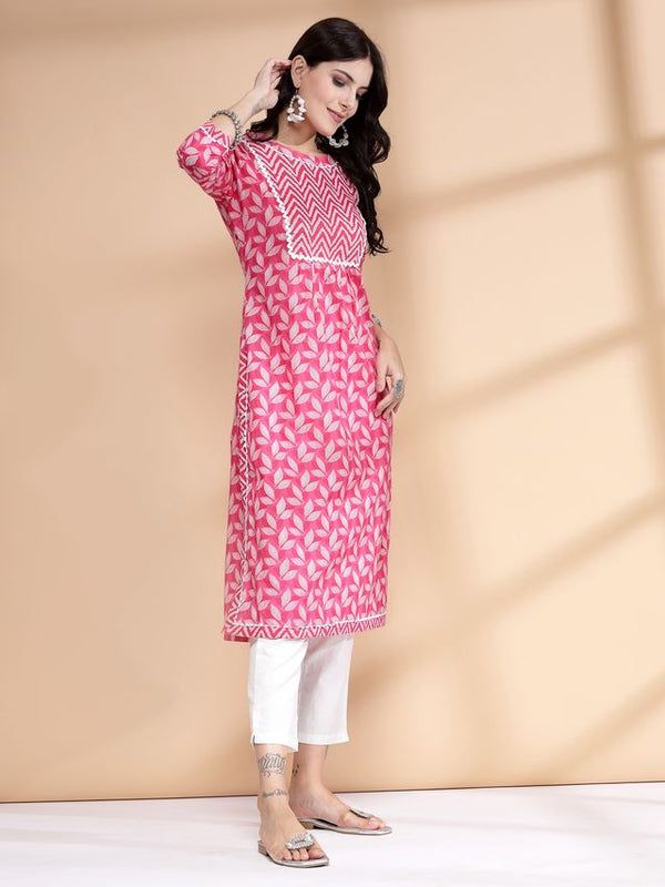 Largish Women's Pink Cotton Printed Nayra Cut Straight Kurta