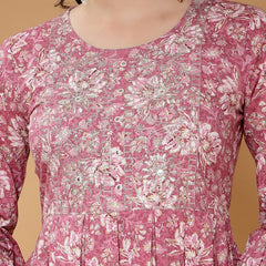 Largish Cotton Pink Floral Foil Print, Embroidered Dress
