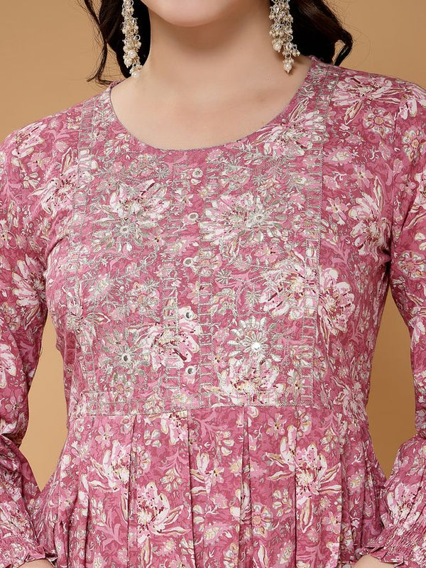 Largish Cotton Pink Floral Foil Print, Embroidered Dress