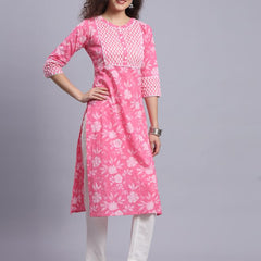 Largish Pink Floral Print Straight Kurta