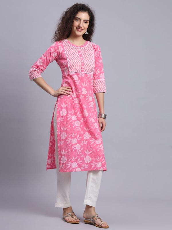 Largish Pink Floral Print Straight Kurta