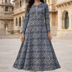 Largish Cotton Navy Blue Floral Printed Anarkali Kurta with White Contrast Piping
