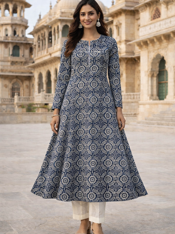 Largish Cotton Navy Blue Floral Printed Anarkali Kurta with White Contrast Piping