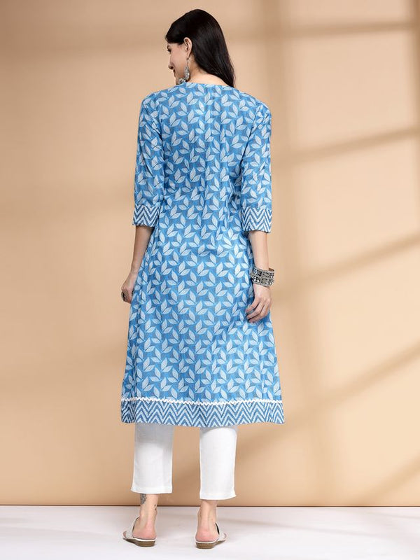 Largish Women's Firozi Cotton Printed Box pleated A-line Kurta