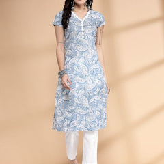 Largish Women's Blue Paisley Print Cotton Straight Kurta