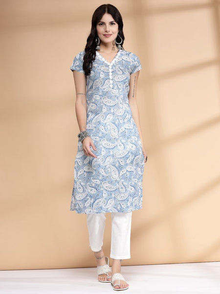 Largish Women's Blue Paisley Print Cotton Straight Kurta
