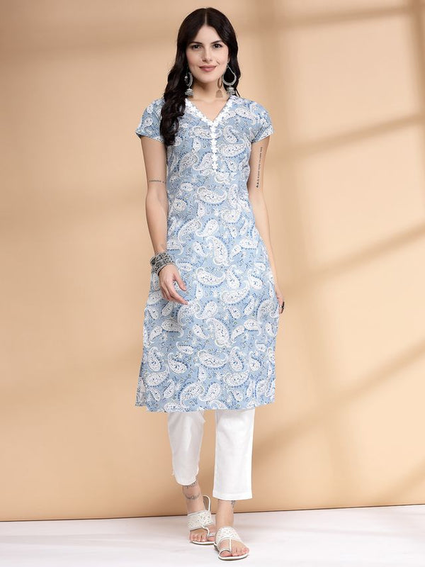Largish Women's Blue Paisley Print Cotton Straight Kurta