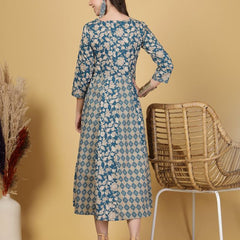Largish Elegant Turquoise Floral Anarkali Midi Dress