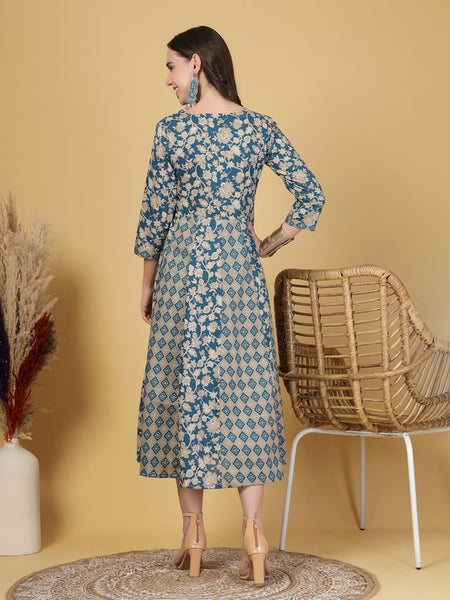 Largish Elegant Turquoise Floral Anarkali Midi Dress