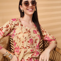 Largish Stylish Beige Rayon floral print kurti