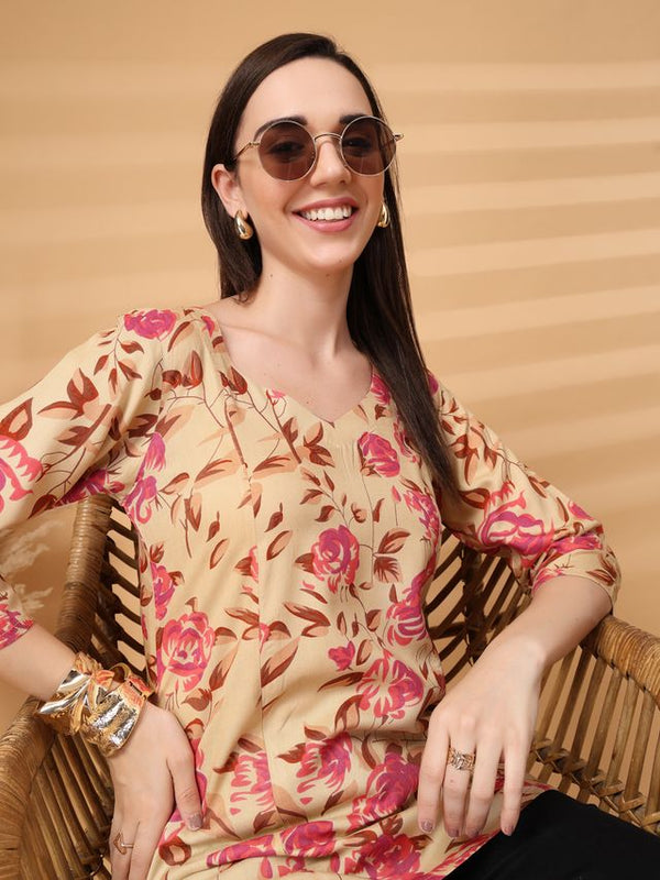 Largish Stylish Beige Rayon floral print kurti