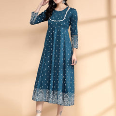 Largish Rayon Pigment print Teal blue Anarkali full maxi Dress