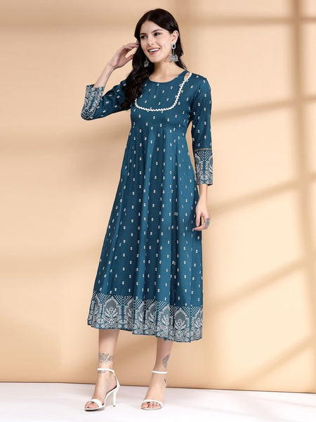 Largish Rayon Pigment print Teal blue Anarkali full maxi Dress