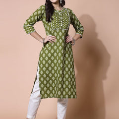 Largish Green Floral Print Straight Kurta