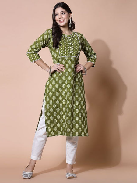 Largish Green Floral Print Straight Kurta