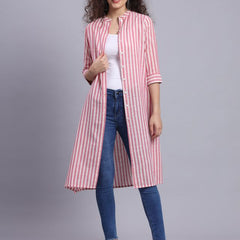 Largish Cotton Pink Self Design Calf Length, A-Line Shrug