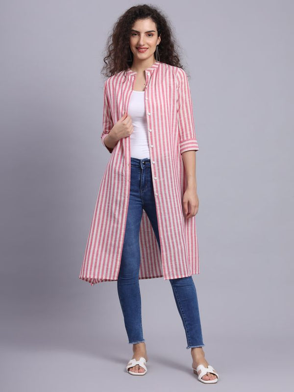 Largish Cotton Pink Self Design Calf Length, A-Line Shrug