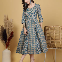 Largish Elegant Turquoise Floral Anarkali Midi Dress