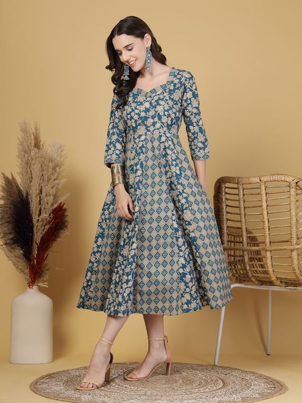 Largish Elegant Turquoise Floral Anarkali Midi Dress